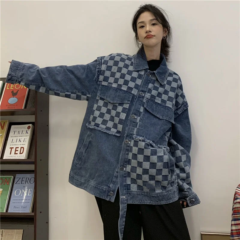 Deeptown Denim Jacket Women Oversized Korean Fashion Streetwear Black Vintage Plaid Jeans Jackets Chic Elegant Gothic Loose Coat