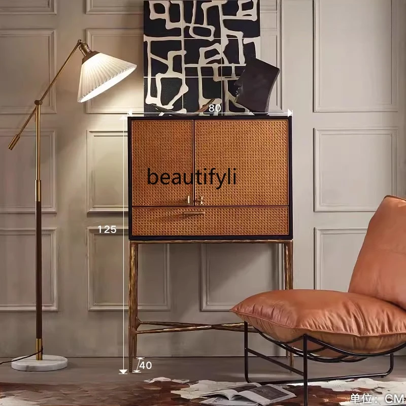 

Modern retro furniture hand-forged wrought iron wine cabinet light luxury medium antique storage rattan high cabinet
