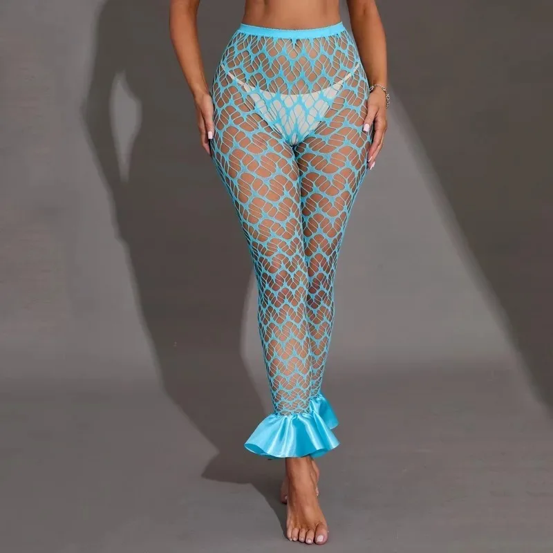 Blue Hollow Out Fishnet Exotic Pants for Women New Fashion Flared Pantyhose High Waist Sexy Lingerie Ruffle Bell Bottom Trousers view 2