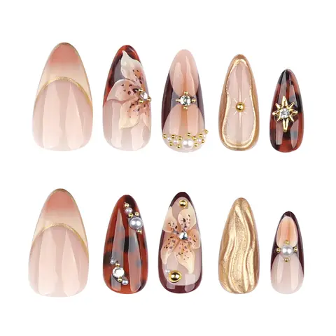 24 st. guldfärgade, krusade, bruna blommor, lösnaglar med strass, pärldesign, bärbara mandelfärgade lösnaglar, heltäckande, press-on-naglar 10 best sales designer press-on naglar - №8