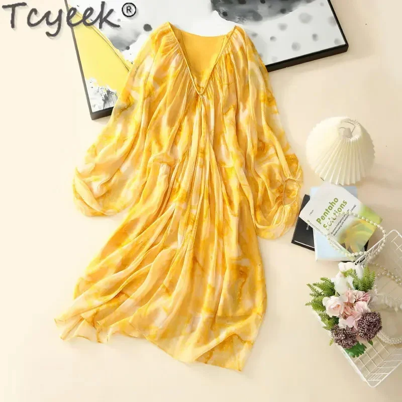 2024 Tcyeek Elegant Women's Dresses Summer French 100% Mulberry Silk Yellow Dress Woman Clothes Tie Dye Vestidos Para Mujer