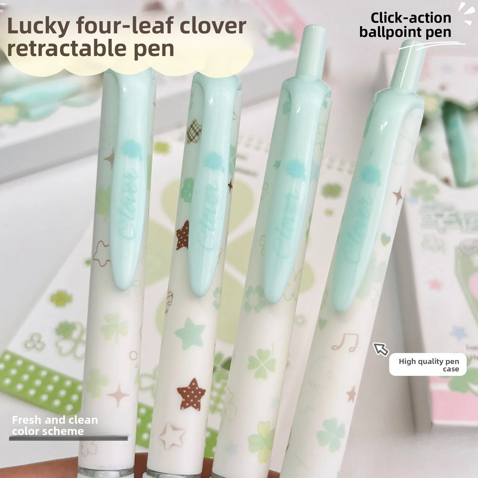 Healing Light Green Clover Floral Press Pen Set, Simple Ins Style, Soft Grip, Large Capacity, for Writing, Office, and Study, Ge
