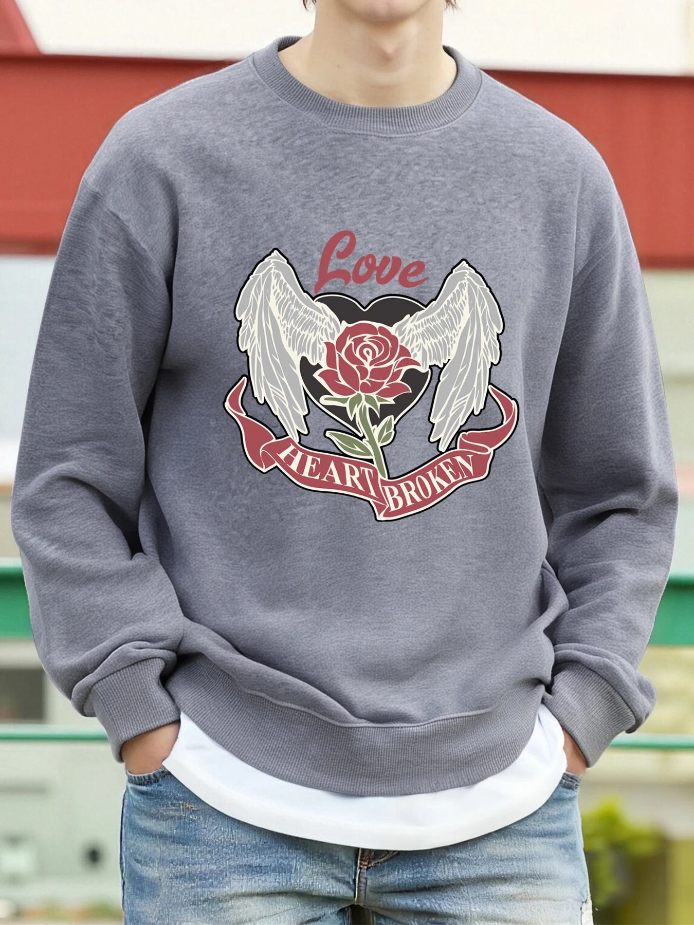 Liebe Flügel Blume Gedruckt Männer Streetwear Crewneck Fleece Sweatshirt Herbst Mode Kleidung Oversize Pullover Beiläufige Lose Tops