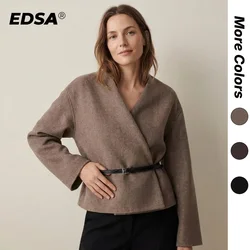 EDSA Women Soft Belted Jacket Wrap V-neck Long Sleeves New Elegant Lady Commute Outwear for Female