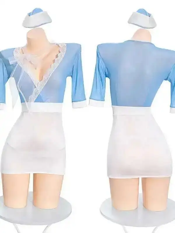 Flight Attendant Cosplay Short Sleeve T Shirts Mini Dress Sweet V Neck Uniform Sexy Pure Desire Dress Elegant Thin Sheer D0GT