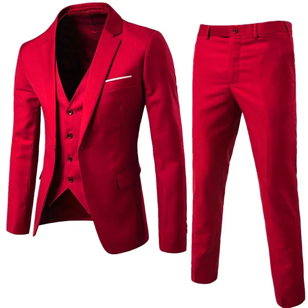 1 Set Men Blazer Vest Pants Set Solid Color Turndown Collar Groom Suit   Single-Breasted Vest Coat Zipper Closure Trousers