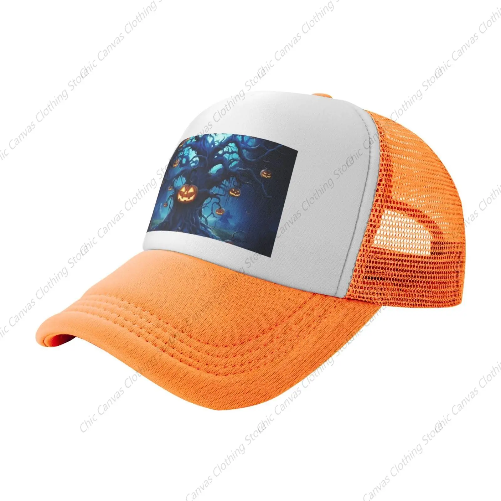 

Halloween Pumpkin Tree Blue Printed Trucker Hats Baseball Cap Summer Adjustable Sunshade Hat Men Women Truck Hats For Halloween