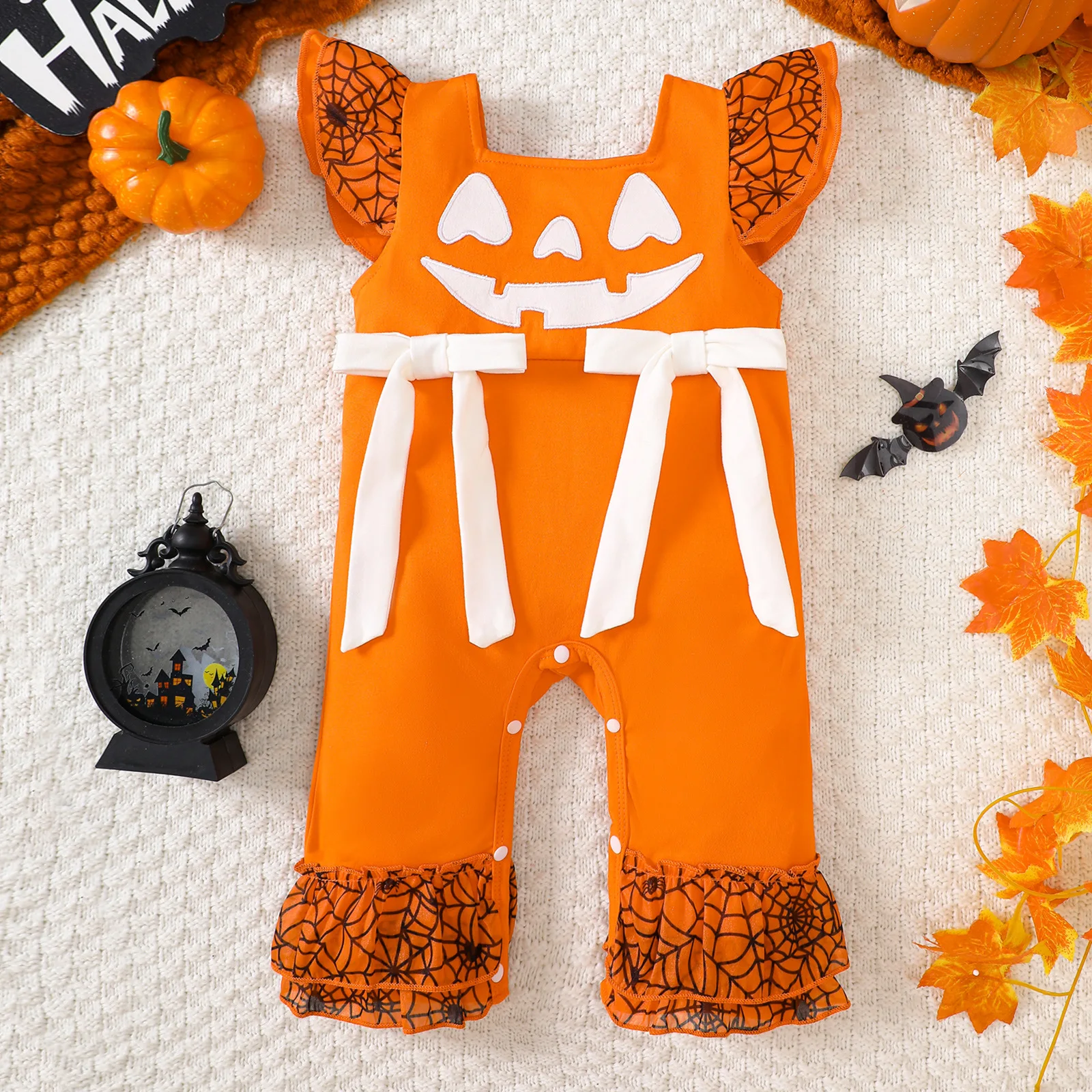 

Baby Girl Clothes Halloween Cotton Romper 0-18M Newborn Infant Baby Boy Pumpkin Ghost Print Jumpsuit with Tulle Ruffles and Bow