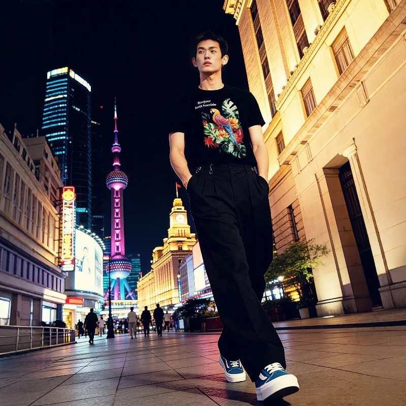 European High-End Parrot Forest Print Men's Black Short Sleeve T-Shirt Trendy New Arrival 2026
