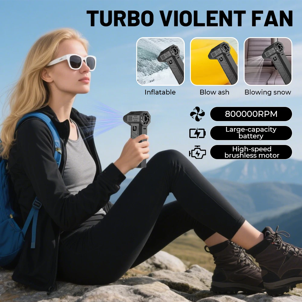 Wiatrak 800000RPM, mocny dmuchawa powietrza z cyfrowym wyświetlaczem, turbo jet fan, siła nacisku 350G, przenośny dmuchawa, ładowanie Type-C, silne wiatry 60m/s
