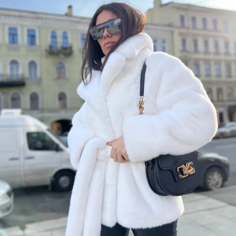 

White Coat Faux Rabbit Fur Lapel Fur Coat Thickened Warm with Belt Coat Women Light Luxury Soft