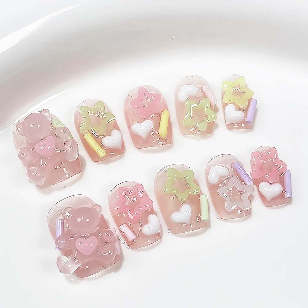 New Diy Dopamine Sweet Girl Colorful Cute Little Bear Handmade Ice Through Short Style Wearing Armor Party Event Detachable Nail