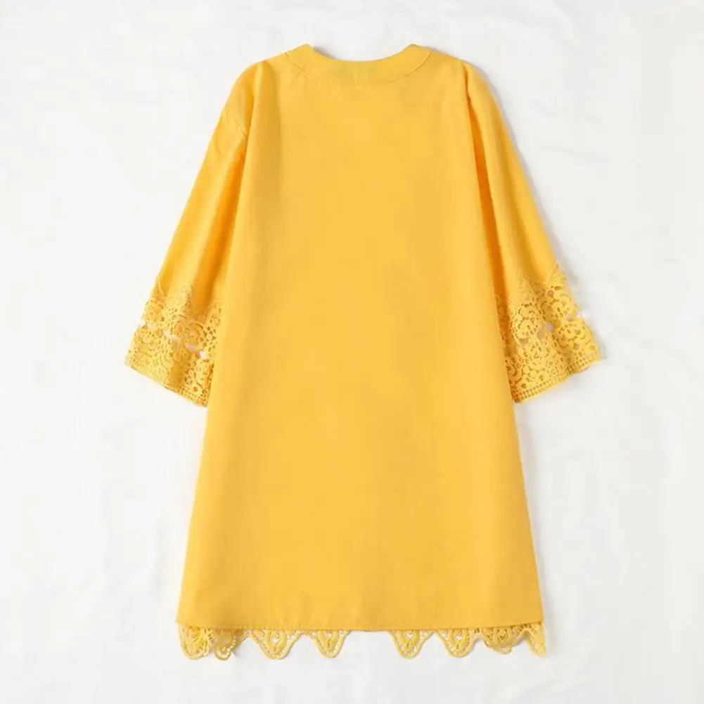 

Hollow Out Lace Women Dress Elegant Lace Hem Summer Dress with V Neck Three Quarter Sleeves Women's Beach Mini for Commuting