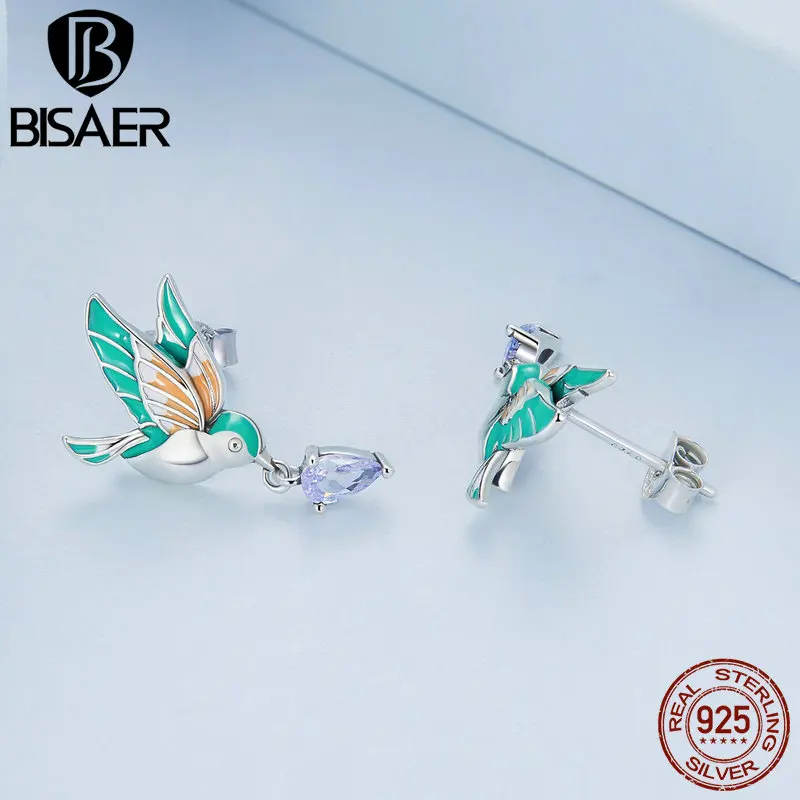 BISAER 925 Sterling Silver Colorful Kingfisher Stud Earrings Purple Zircon Delicate Bird Ear For Women Original Fine Jewelry