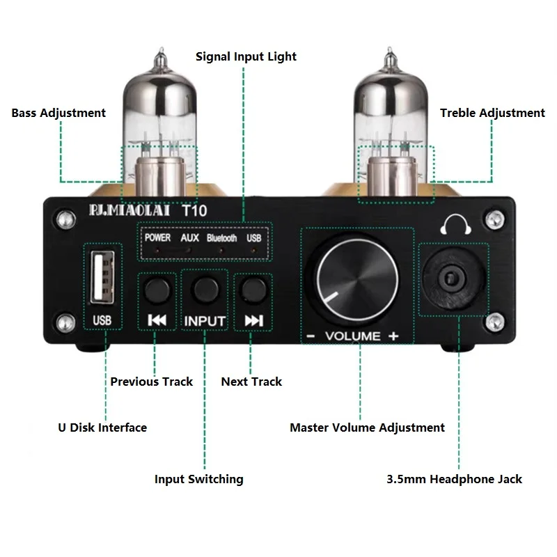 PJ.MIAOLAI T10 Bluetooth 5.0 6H3N Tube Amplifier U Disk Lossless Decoding MAX9722 HIFI Headphone Amplifier TPA3116 50W*2 Amp