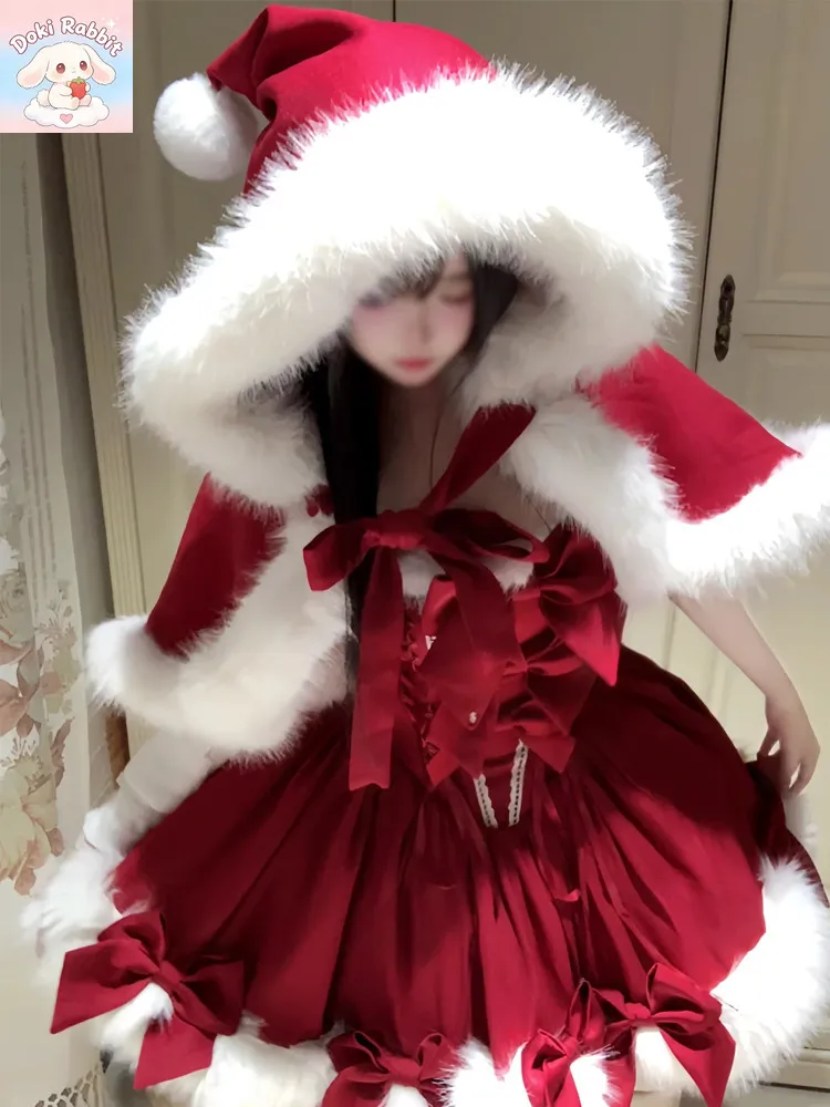 Winter Merry Christmas Red Lolita Women 2 Pieces Set Thicken Overcoat + Slim Fit Dress Harajuku Party Vintage Y2k Korean Outfits