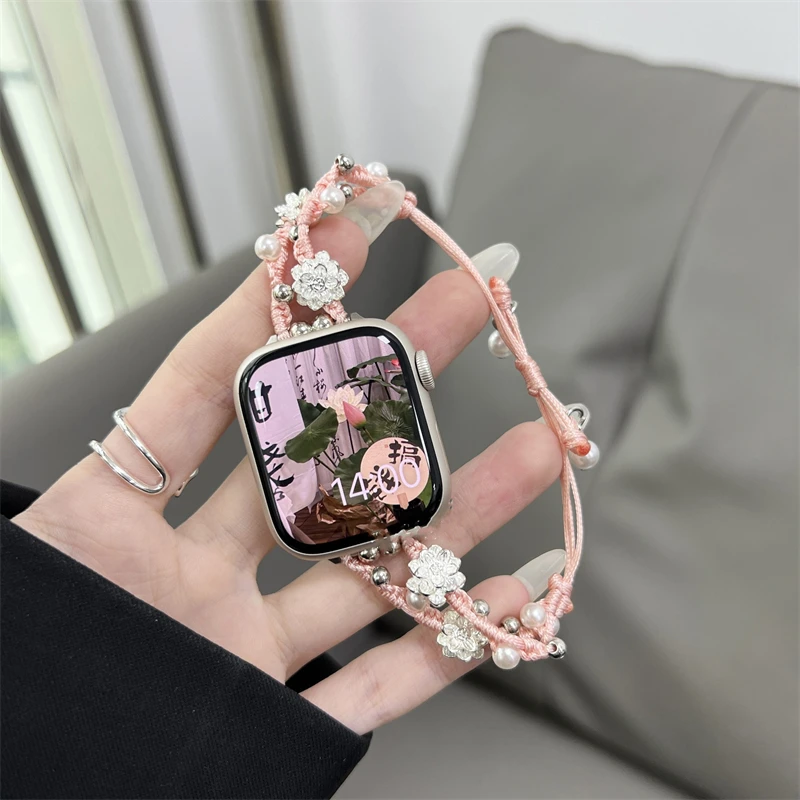 Ins Pearl Flowers Strap For Apple Watch Series 9 8 7 6 SE 4 5 45/44/42mm Woven Nylon Bracelet IWatch Ultra2 49mm 40mm 38mm Woman