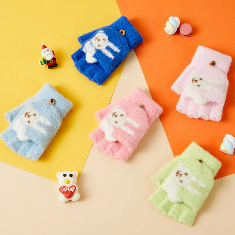 

New Cartoon Autumn and Winter Warm Knitted Five-Finger Gloves Winter Thickened Half-Finger Gloves Knitted Warm Flap Gloves