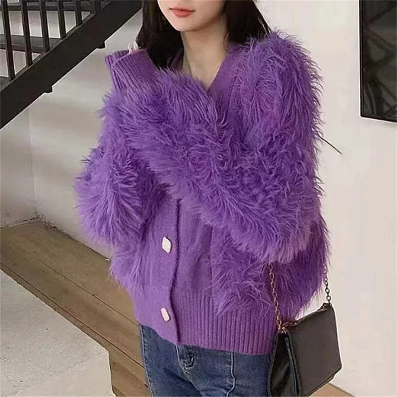 Cardigan Imitation Mink Velvet Knitted Autumn and Winter New Loose Solid V-neck Sweater Women Coat