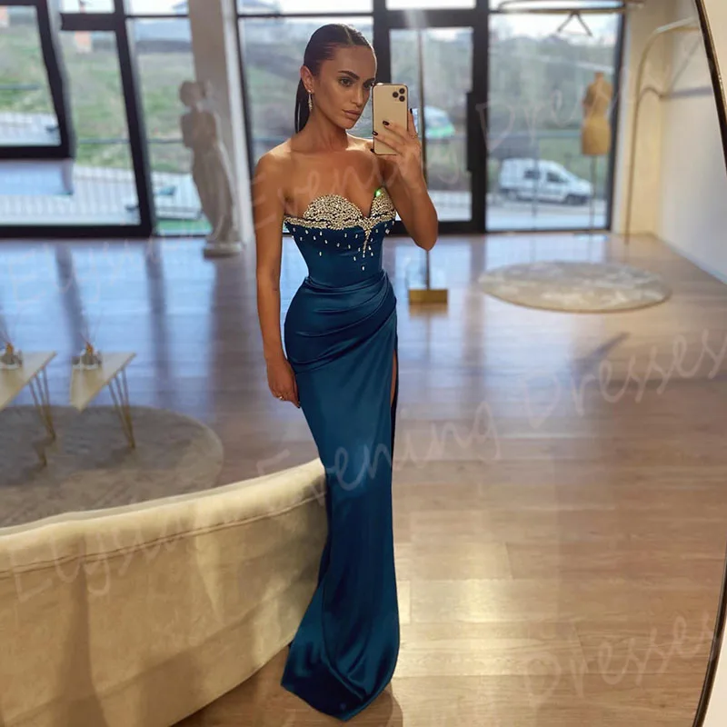 Charming Sexy Women's Mermaid Modern Evening Dresses Strapless Sleeveless Prom Gowns Side High Split Beaded Pleated فساتين سهرات