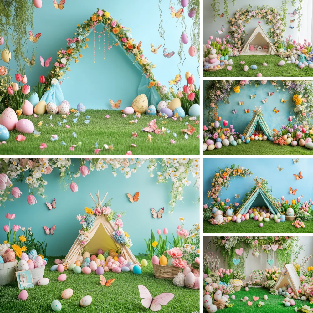 

Spring Easter Eggs Tent Bunny Butterflies Photography Background Baby Shower Portrait Birthday Party Home Decor Photo Backdrop