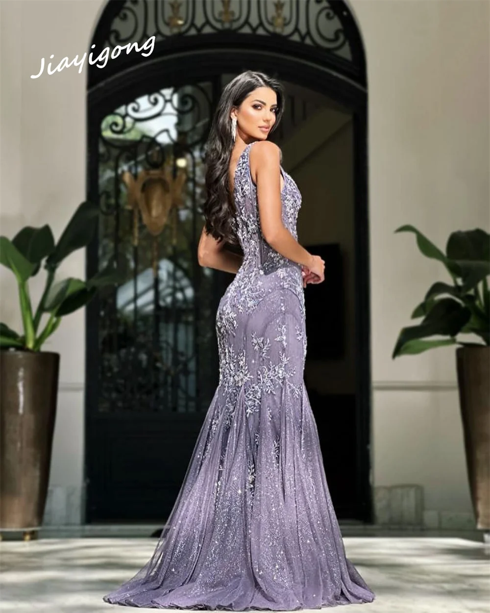 Customized Jiayigong Sparkle Spaghetti Mermaid Floor Length es Applique Tulle Customized