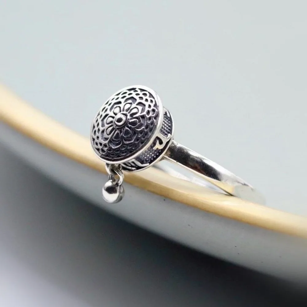 Retro Traditional Rotatable Spinner Ring Flower Open Fortune Wealth Ring Adjustable Ethnic Style Fidget Jewelry Men