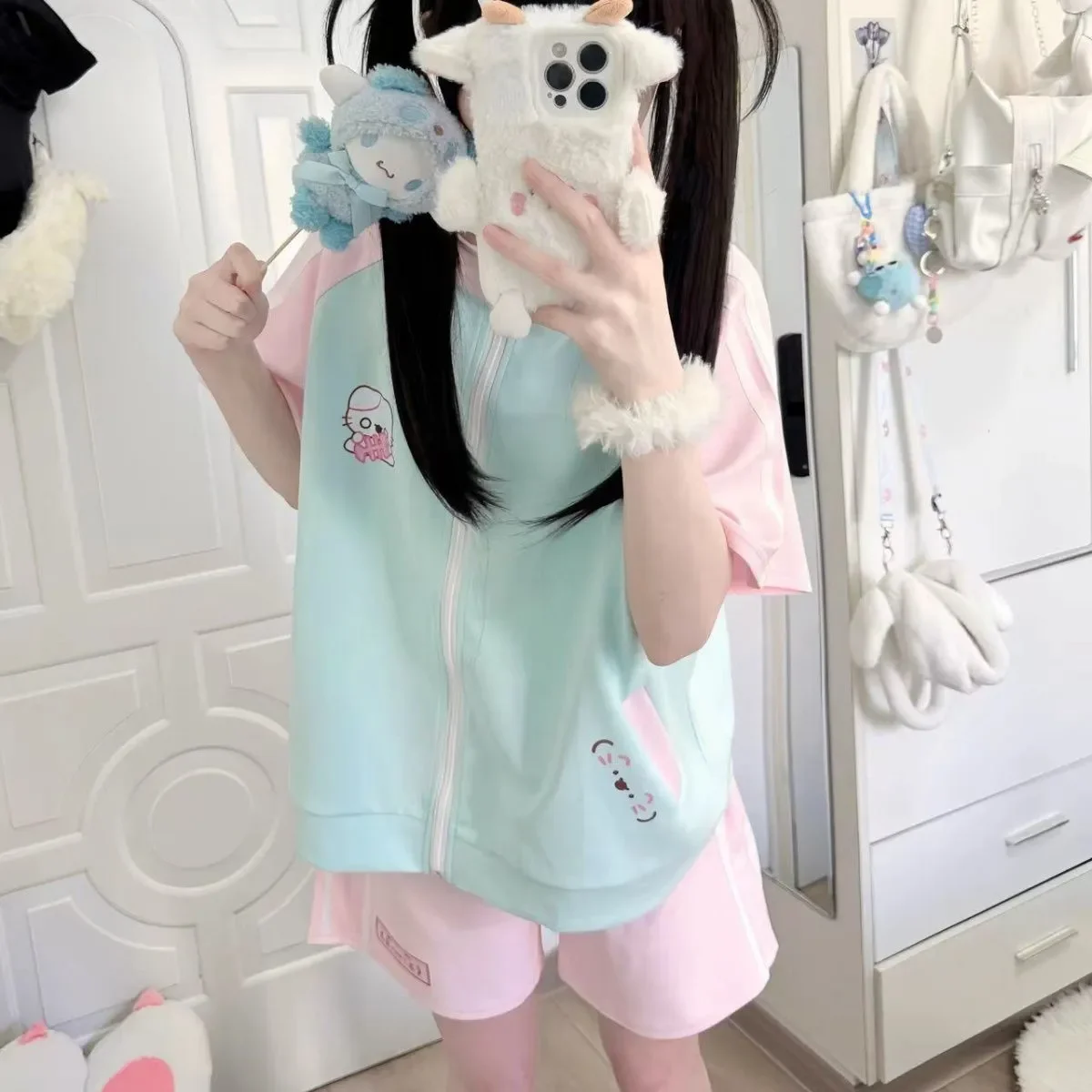 Preppy Style Sports Suit Loose Contrast Color Short Sleeved Zipper Top + Tie Up High Waisted Casual Shorts 2pcs Sets Y2k Suits - Image 4