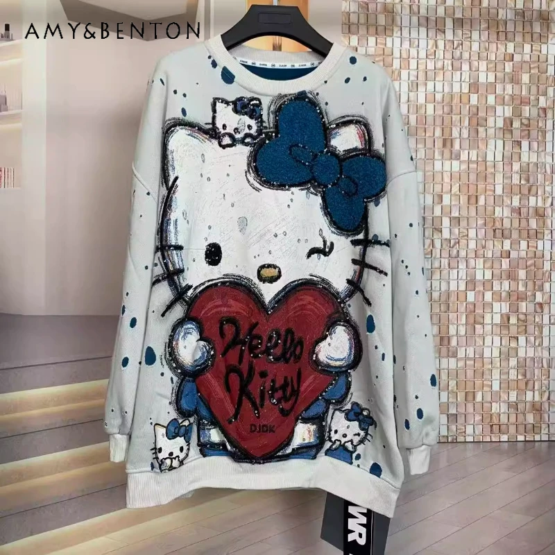 

2025 Autumn Winter New Fleece Cartoon Youthful Loose Hoodies Jacket Fashion Large Round Neck Sweatshirt Top Long-sleeves Coat