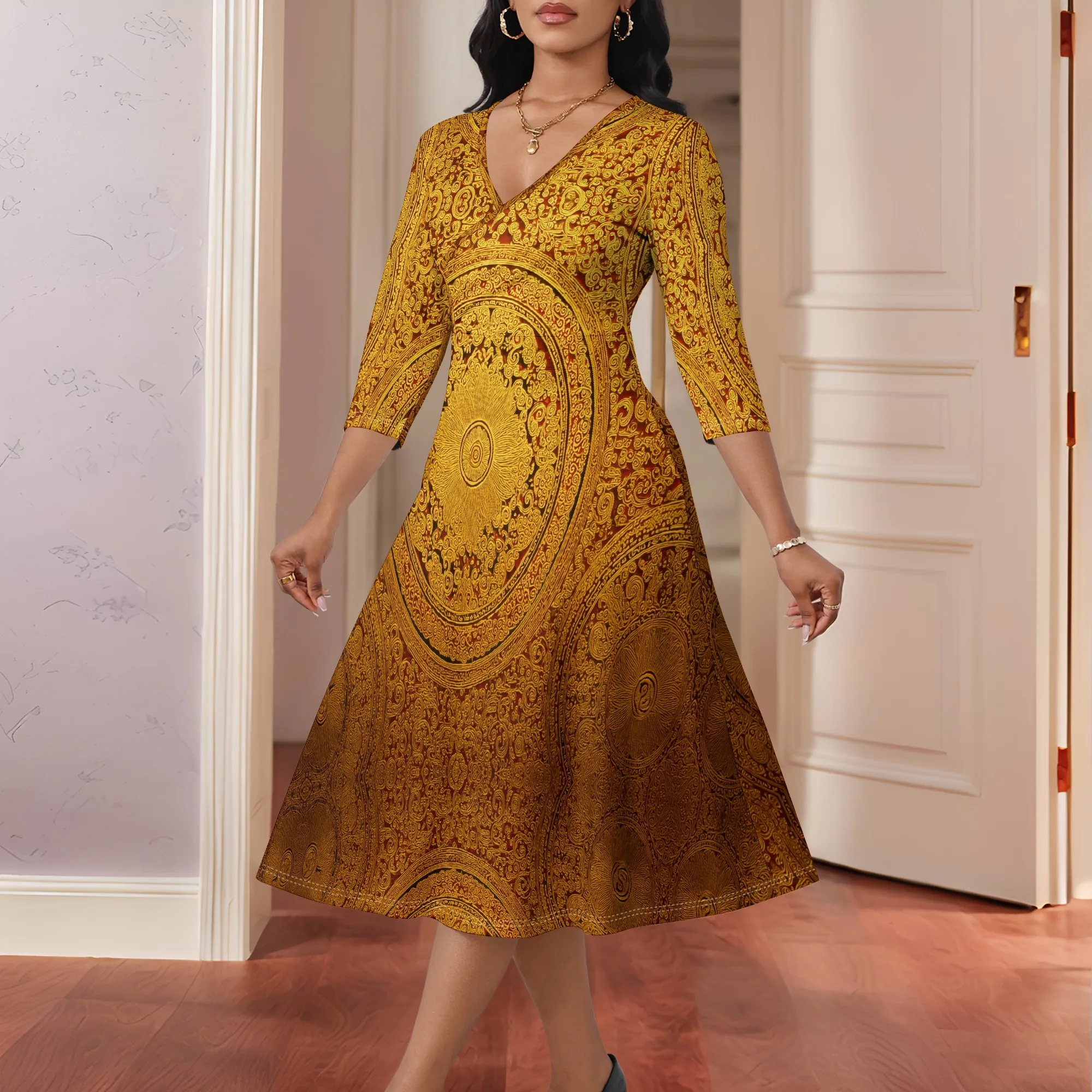 

Vintage Gold Paisley Print Midi Dress XS-3XL Perfect for Autumn Winter Weddings, Holiday Parties, and Elegant Gatherings