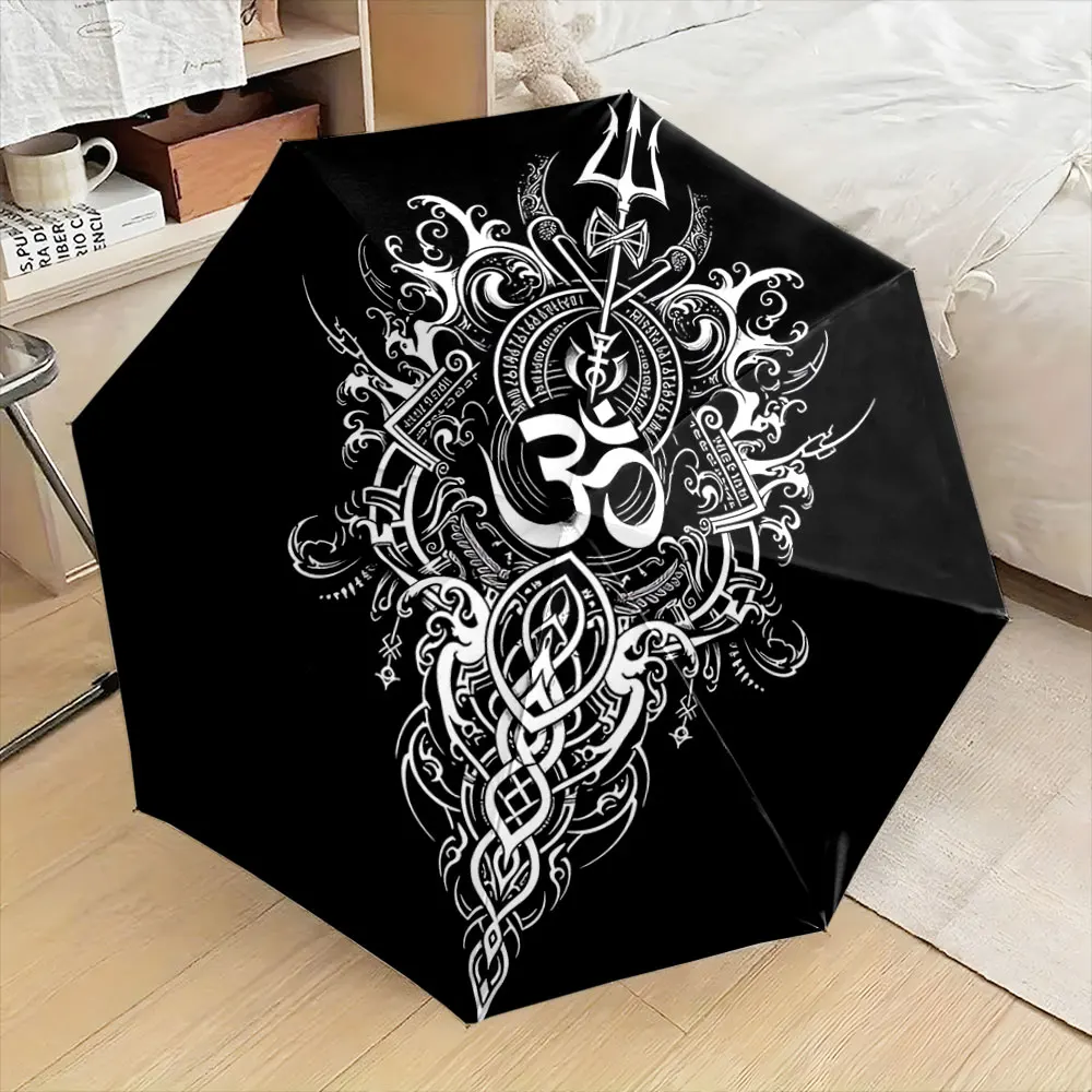 Spiritual Mandala Design with Om Symbol Black White Style portable waterproof sun rain umbrella for outdoor travel beach