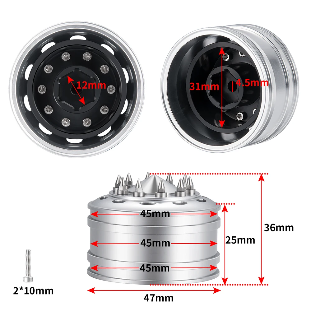 TRINOOD Aluminum Front Wheel Hub Rims for 1/14 Tamiya Truck Tractor VOLVO MAN 770S R470 R620 FH12 Upgrade Parts