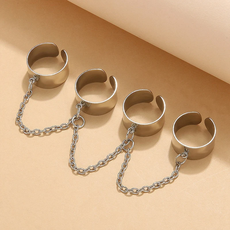 4-Finger Set Ring,Punk Chain Combination Ring, Personality Design The Same Style For Men And Women