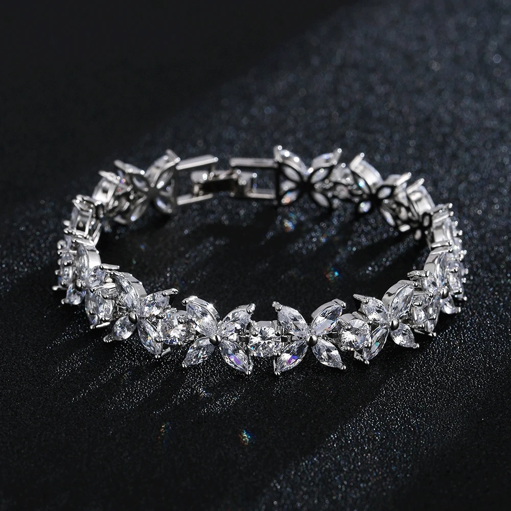 Fashion White Marquise Cut Cubic Zircon Chain & Link Bracelets Bangles Flower Bridal Wedding Jewelry for Women