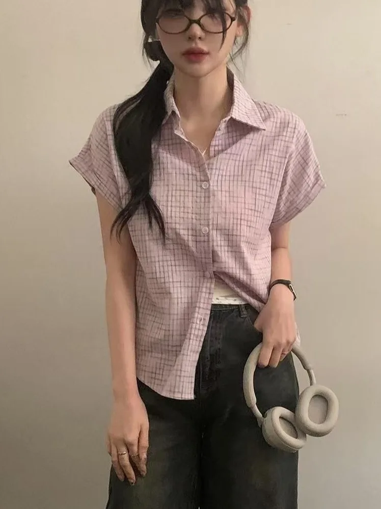 Csa de Manga Corta a Cuadros para Mujer, Verano 2025, Hoada, Versátil, Linda, Única, Hermosa, Estilo Casual, Corte Recto...