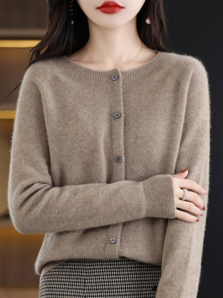 Pull en cachemire à col rond pour femme, cardigan 100% laine mérinos, tricots d'automne et d'hiver, haut tendance décontracté pour femme, document solide