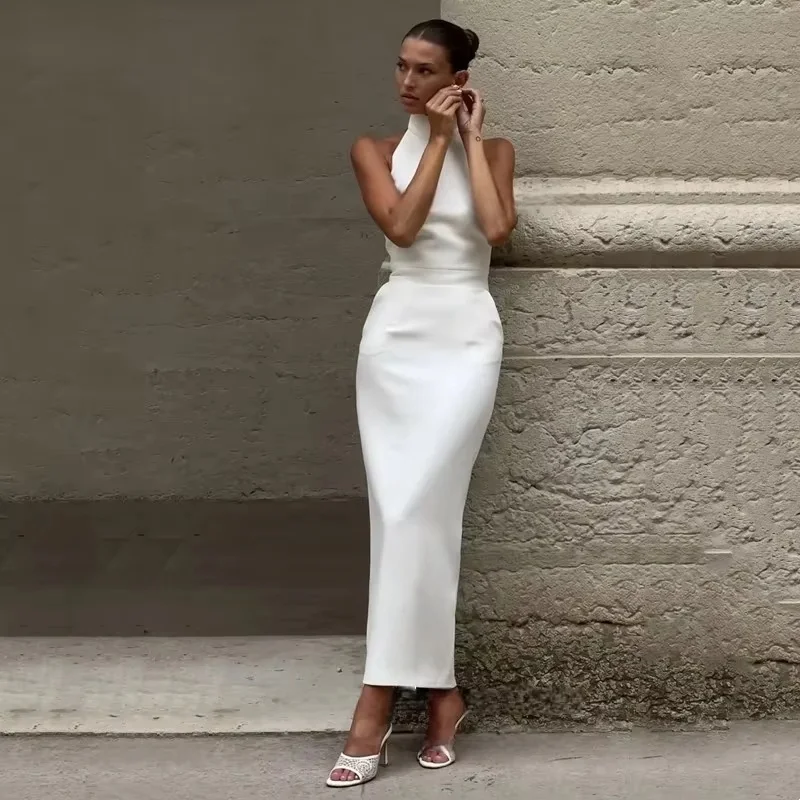 OLOEY Customized Simple Mermaid Ivory Wedding Dress Elegant High Neck Sleeveless Pleat Ankle-length Gown Dress Satin Backless