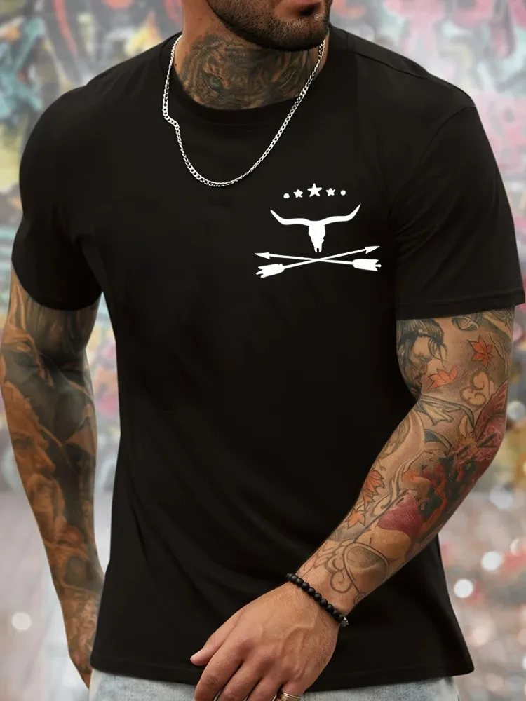 Men Summer White Short Sleeve Tee Bull Skull Cross Arrow Star Print Casual Loose Western Crew Neck Daily Streetwear Fashion Top