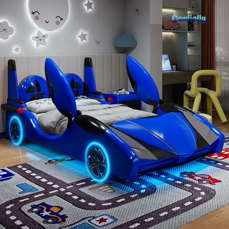 Opening Doors Children Car Bed Colored Lights Wheels Bluetooth Sound System Kids Bed Boy Base Frame Bedroom Furniture