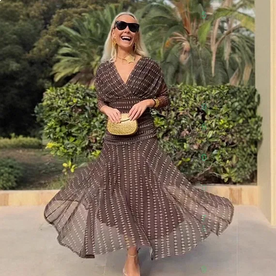 Bohemian V Neck Maxi Dress Long Sleeve Mesh Flowy Boho Dresses Spring Summer view 4