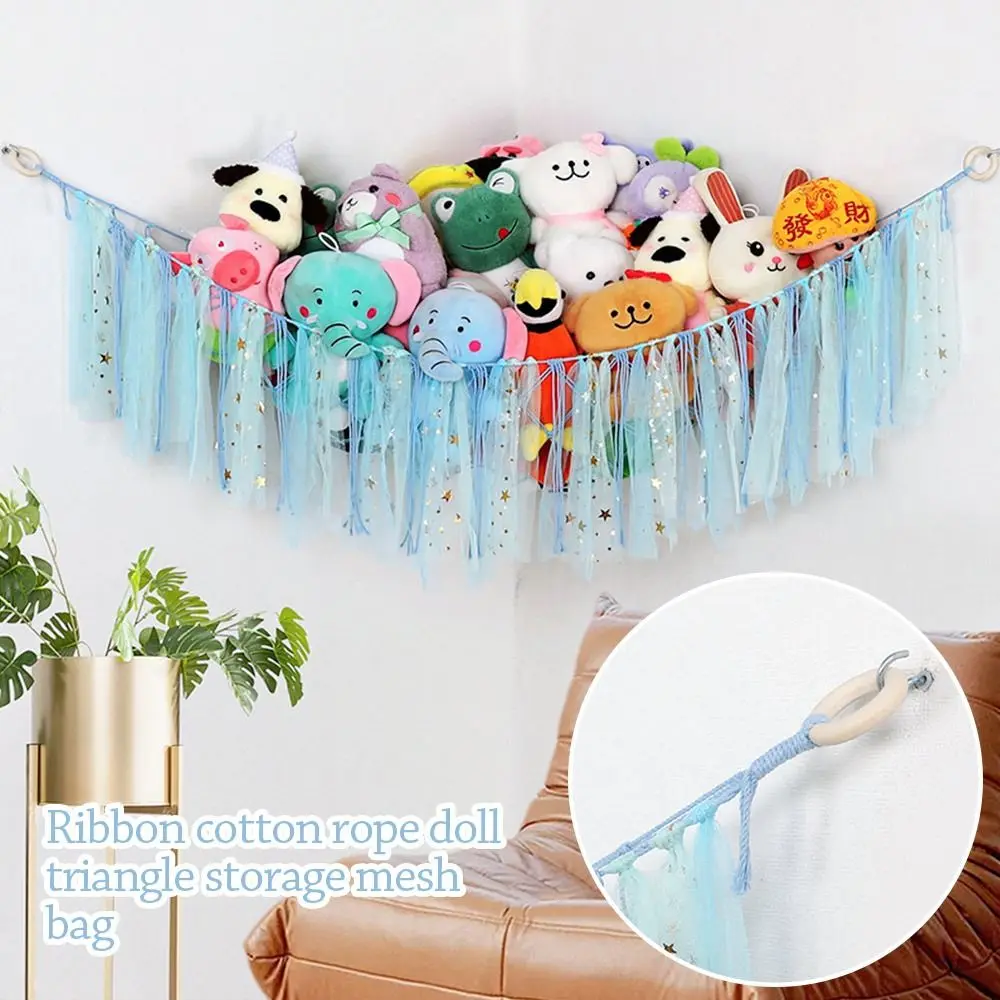 

Creative Colorful Ribbon Toy Hammocks Cotton Rope Woven Plush Toy Mesh Bag Tassels Space Saving Triangle Toy Net