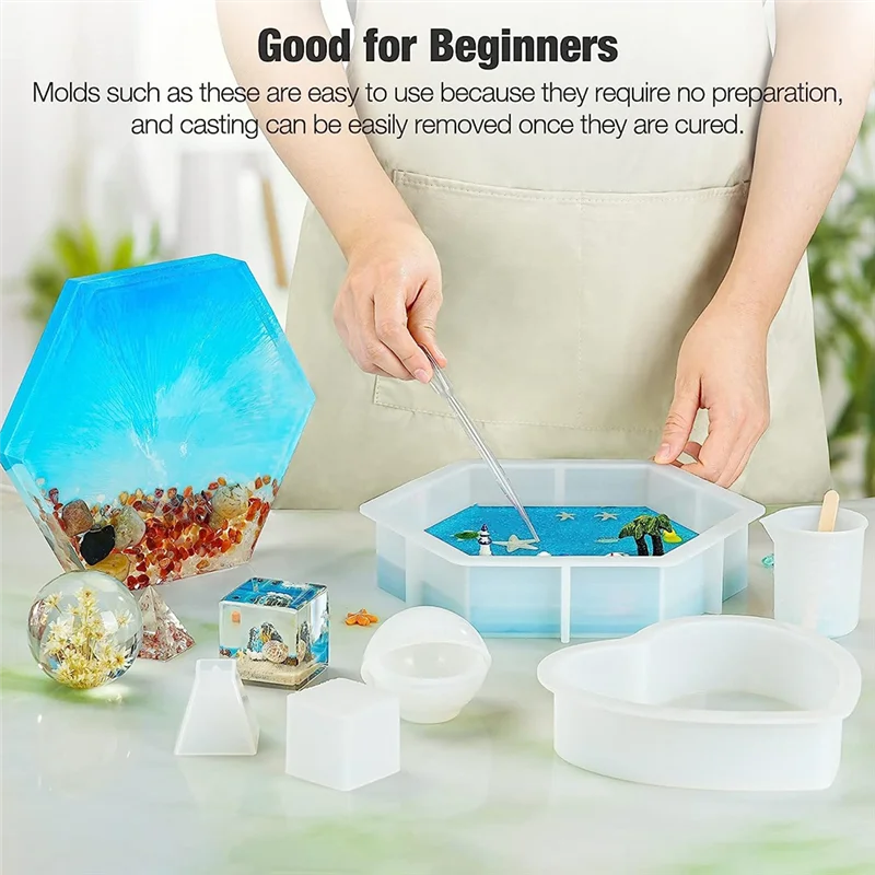 

Resin Molds Silicone Kit, Large Silicone Molds for Epoxy Resin, Flowers Preservation, Including Hexagon, Heart, Sphere,