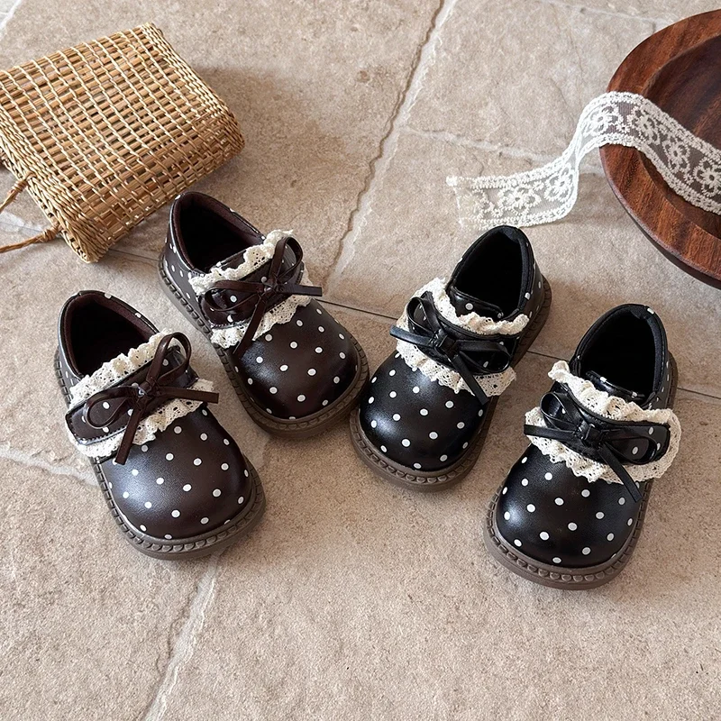 2026 Kids Leather Shoes Polka Dot Flats Toddler Lace Bow Girls Princess Mary Jane Shoes Daily Children Causal Dress Shoes 21-30