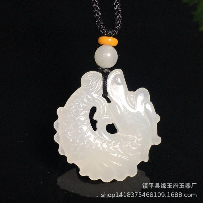 Qinghai jade and Hotan jade fish-to-dragon white jade pendant, jade necklace, double-sided carved jade item, fish scale jade ite
