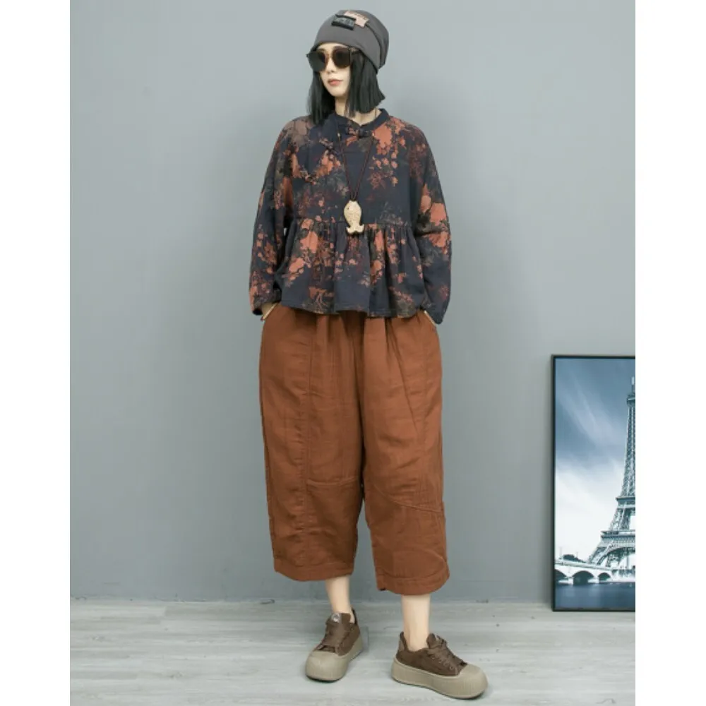 2024 Autumn Vintage Style Pant Set Diagonal Buckle Floral Long Sleeved Doll Shirt + Wide Leg Pants Two-piece Set Women ZF244