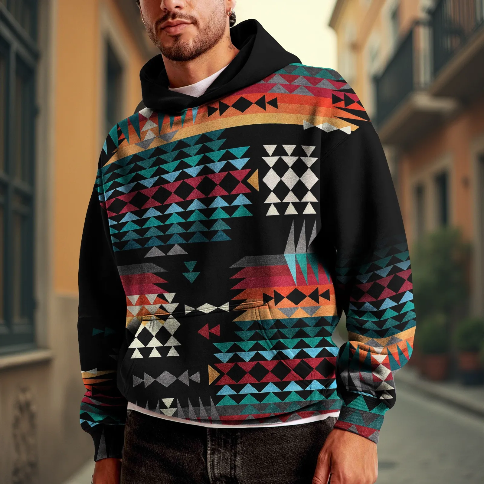 

2025 New Arrival Retro Men's Hoodie with Y2K Print Harajuku Style Hooded Pullover Casual Bohemian Pattern Long Sleeve Sport Top