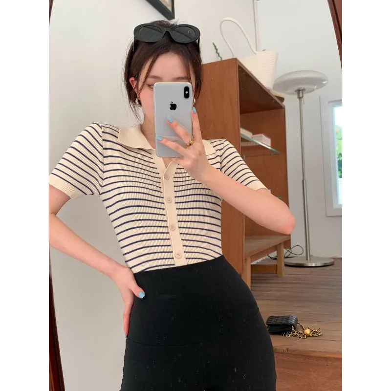 

ort Sve Ice Silk Knitted Ne T-irt Women's Summer New Sle oulder Open Cardigan Top in Peach Color with Stripes