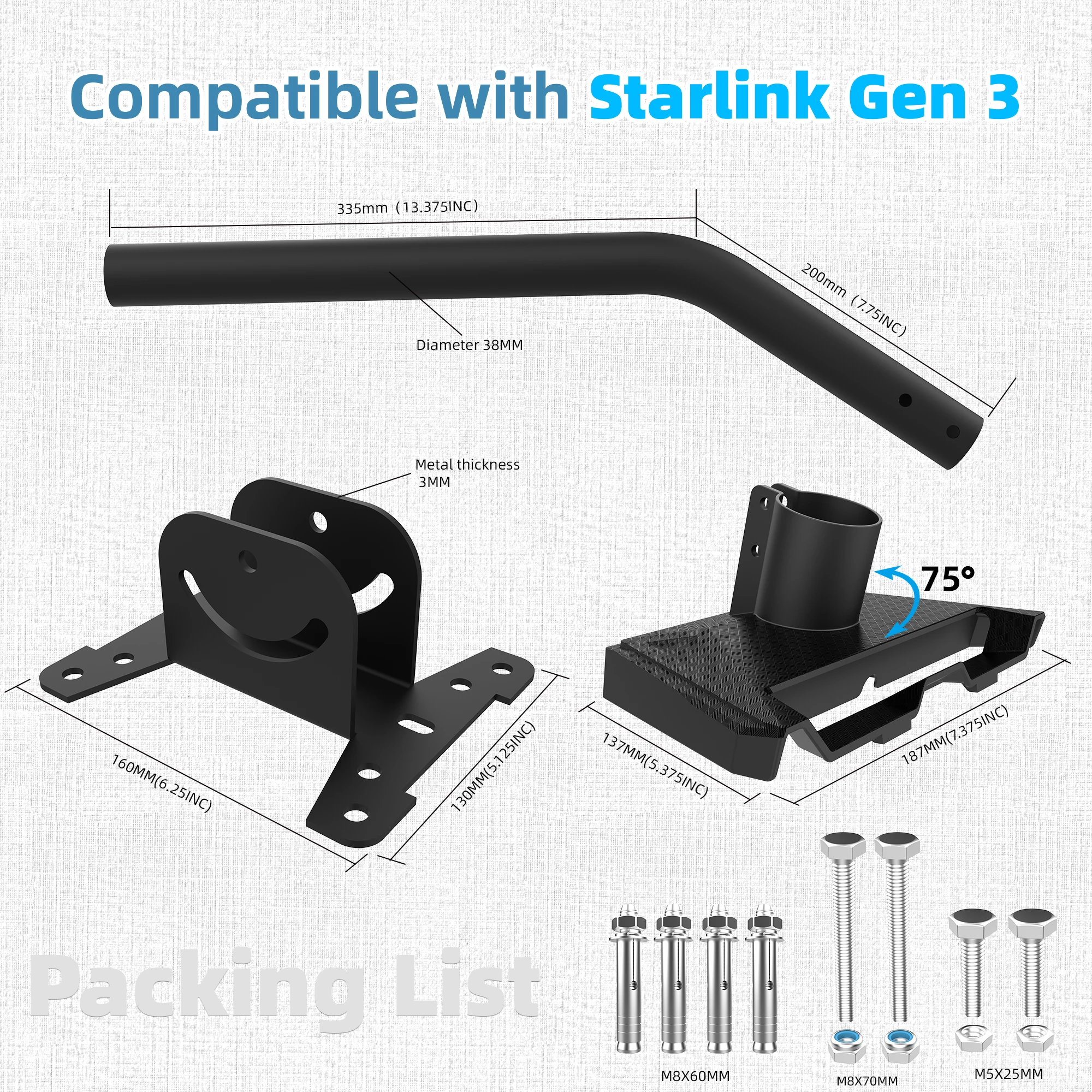 For Starlink Gen 3 Kit Bracket,For Starlink V3 Satellite Kit Pipe Adapter,Long Wall Mount Bracket Roof Top Exterior Mount