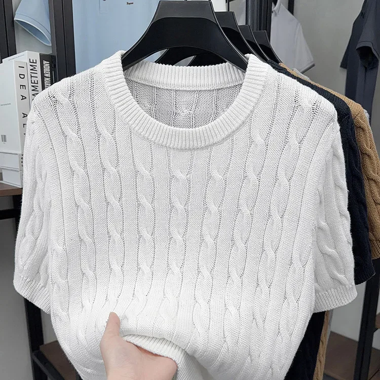 Herren-Kabelstrick-T-Shirt mit kurzen Ärmeln, 100 % Baumwolle, Rundhalsausschnitt, lässig, einfarbig, Sommer-Strick-T-Shirt – Detail 24