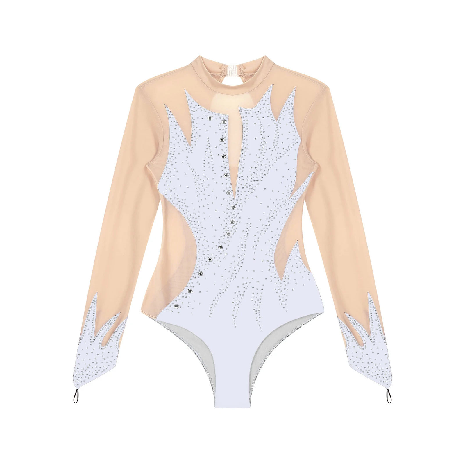 Women Figure Skating Bodysuit Ballet Dance Rhythmic Gymnastics Leotard Long Sleeve Rhinestone Sheer Mesh Performance Dancewear